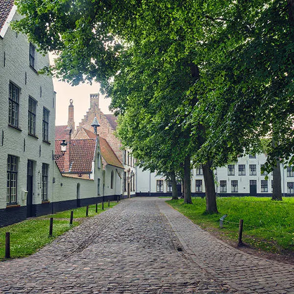 Kasseiweg tussen de bomen in het Brugse begijnhof