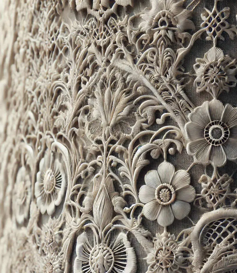Detail van fijn bewerkt Brugs kantwerk met bloemmotieven