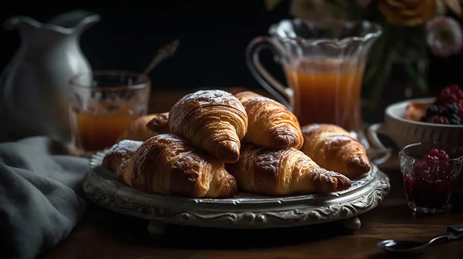 Schaal met verse croissants naast een kan fruitsap en een kommetje rode vruchten