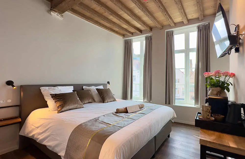 Deluxe kamer met waterzicht (21 m²): tweepersoonsbed bij de hoge ramen